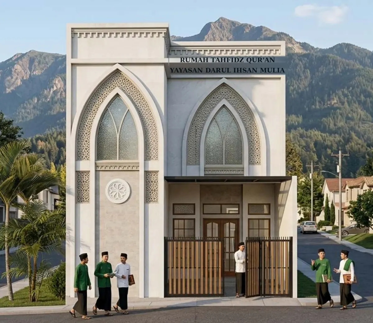Render 3D gedung dua lantai Rumah Tahfidz bergaya arsitektur Islam modern